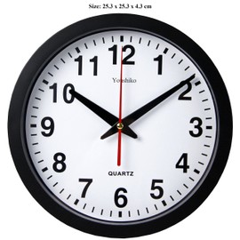 Youshiko Stylish Black & White Bold Classic Quartz Wall Clock Non Ticking Silent (25cm / 10-Inch Diameter), Home/Kitchen/Office/School Clock, Easy to Read