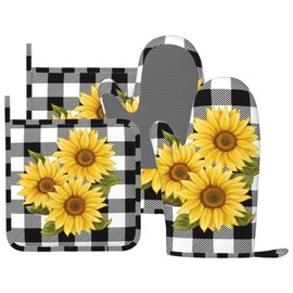 MIFSOIAVV Sunflower Black White Buffalo Plaid Oven Mitts and Pot Holders Sets Silicone Yellow Floral Lumberjack Check Kitchen Mitts Potholders Heat Resistant 4Pcs Oven Gloves Hot Pads for Kitchen