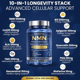 Suplemento NMN de 1000 mg – 10 en 1 avanzado apoyo NAD+ con quercetina, TMG, resveratrol, ALA, CoQ10 y apigenina – Alternativa NMNH para mujeres y hom
