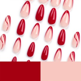 Red Medium Press on Nails Almond Fake Nails Press ons with Swirl Designs Red French Tip Glue on Nails Red Full Cover Acrylic False Nails for Women Girls 24 Pcs