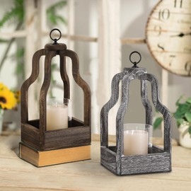 Wood Lantern Decor, Rustic Decor Candle Lantern, Outdoor Lanterns Farmhouse Candle Holder, Decorative Wedding Farmhouse Table Decor, Brownish Grey