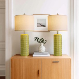 PoKat 27.5'' Tall Table Lamps for Living Room Set of 2, Mid Modern Century Ceramic Bedroom Lamps for Night Stands, Bedside Lamps for Bedroom, Nightstand Lamps for Side End Table Hallway, Green