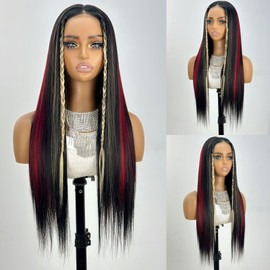 SALLYWELL Black Blond Skunk Stripe Glueless Wig For Women Long Straight Synthetic Wig Red Black Colored Pre Plucked Pre Cut 7x5 Lace Front Wig Wear & Go Glueless Wig 26 Inch 180% Density