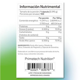 Primetech Nutrition Ácido Alfa Lipoico ALA 600 mg 100 Cápsulas | 50 Porciones, Ácido Graso, Potente Antioxidante, Funcionamiento Óptimo Del Organismo