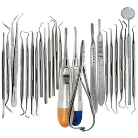 A2Z Scilab 25 Pcs Dental Hygiene Examination Professional Scalers Explorers Probes Curettes Mirror Tweezers Set Made of Stainless Steel Includes Mathieu Elastic Ligature Pliers & Extracting Elevators