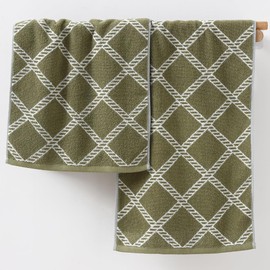 YiLUOMO 100% Cotton Green Hand Towel White Diamond Pattern Super Soft Bath Hand Towel for Bathroom Home Decorative 13x29 Inch, 2 Pieces