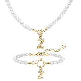 GUSXPPD Initial Pearl Necklace Bracelets Set Women's Pearl Jewellery Set Adjustable A-Z Capital Initial Pendant Pearl Necklaces Bead Bracelet with Initial Gifts for Women, One size, Bronze, No