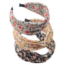 Wide Headbands for Women Fabric Hair Band,Elastic Headbands Knot Hairbands Hair Accessories for Daily Wearing, Dating, Sports (3Wideflower)