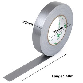 BOMEI PACK Duct tape, 1 roll, 25 mm x 50 m, fabric tape, silver, duct tape, extra strong fabric tape, thickness duct tape, waterproof