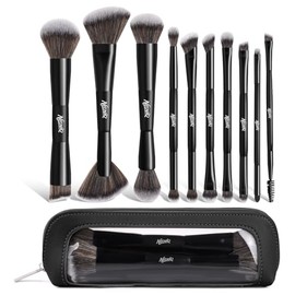 Juego de 10 brochas de maquillaje de viaje con bolsa, brochas de maquillaje, pinceles multifuncionales de doble extremo para base, polvo, rubor, delin
