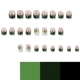 St Patricks Day Press on Nails Short Square Shamrock Fake Nails White Green French Tips False Nails with Rhinestone Designs White Polka Dots Lines Full Cover Glue on Nails for Women 24 Pcs