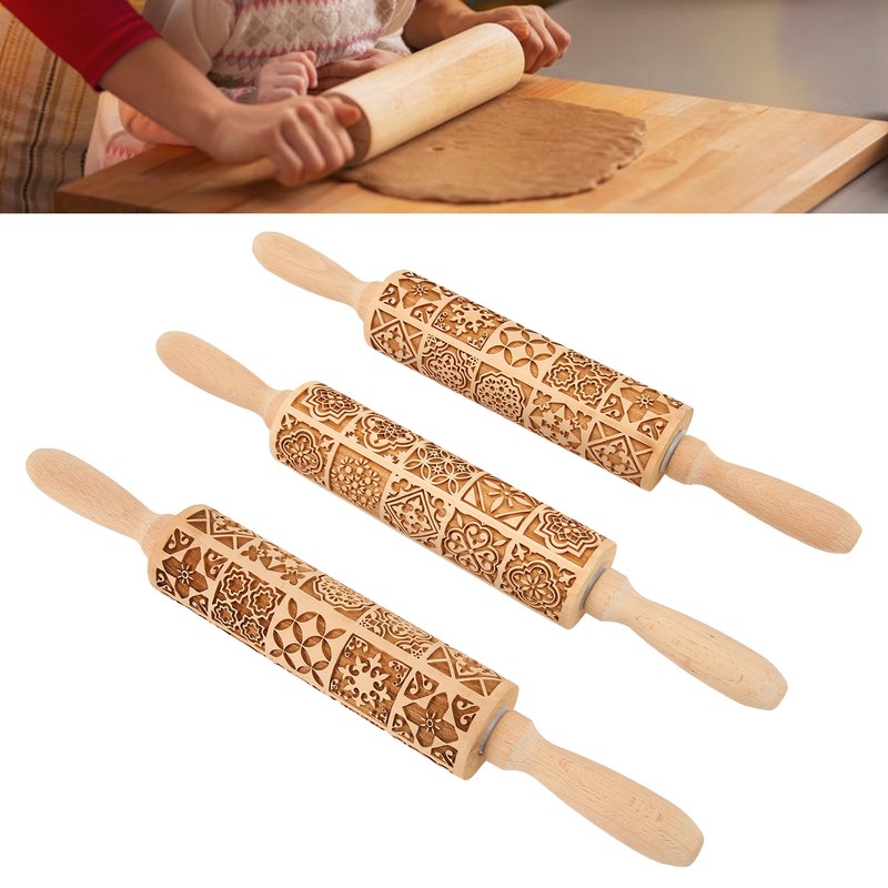 3pcs Wooden Embossed Rolling Pin Engraved Embossing Dough Roller for