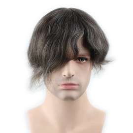 Dreambeauty Men's Toupee 10×8" Human Hair 5# Color Mix 10% Grey Synthetic HairThin Skin Hairpiece Hair Replacement System Monofilament Net Base for Men