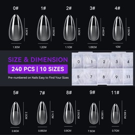 Gelike EC Medium Almond Nail Tips – Full Cover Soft Gel Tips Medium Almond Nail Tips, Pre-Polished PMMA Resin, Artificial Nail Tips for Women, Salon 240 Pieces, 10 Sizes
