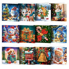 Diamond Art Christmas Cards, 12 Pcs Christmas Diamond Art Cards, DIY Diamond Painting Christmas Cards 3d Diamond Art Christmas Decorations Diamond Painting Kits for Adults Kids Gifts (style-2)