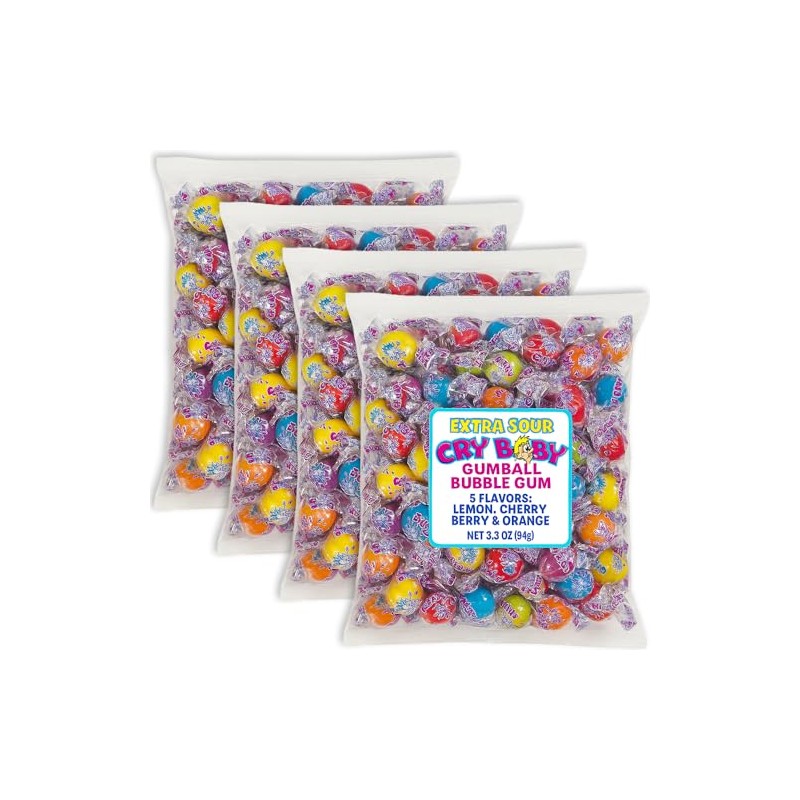 Extra Sour Fruit Gumballs, 4 Bags (3.3 oz Each) -
