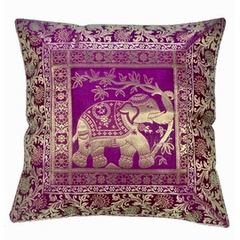 Original Kikan Indian Elephant Mandala Silk Cushion Covers Sari Brocade Boho Home Decor Cushion- Pillow Cases 16”x16” Zip Closure Banarsi | Ethnic - Handmade - Patchwork (Magenta Pink)