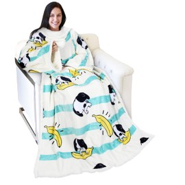 Catalonia Sherpa Wearable Blanket with Sleeves Arms, Comfy Sleeved TV Wrap Blanket, Large Snuggly Throw for Women and Men, Gift for Her, Banana Dog