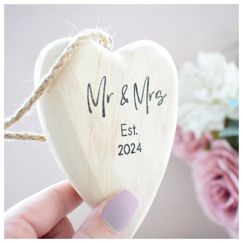 Mr & Mrs Est 2024 Solid Wood Tree Xmas Decoration.