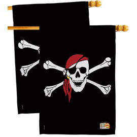 Red Bandana House Flags 2 pcs Pack Coastal Pirate Ship Skull Treasure Map Carribean Jolly Blackbeard Jack Small Decorative Gift Yard Banner Made In USA 28 X 40