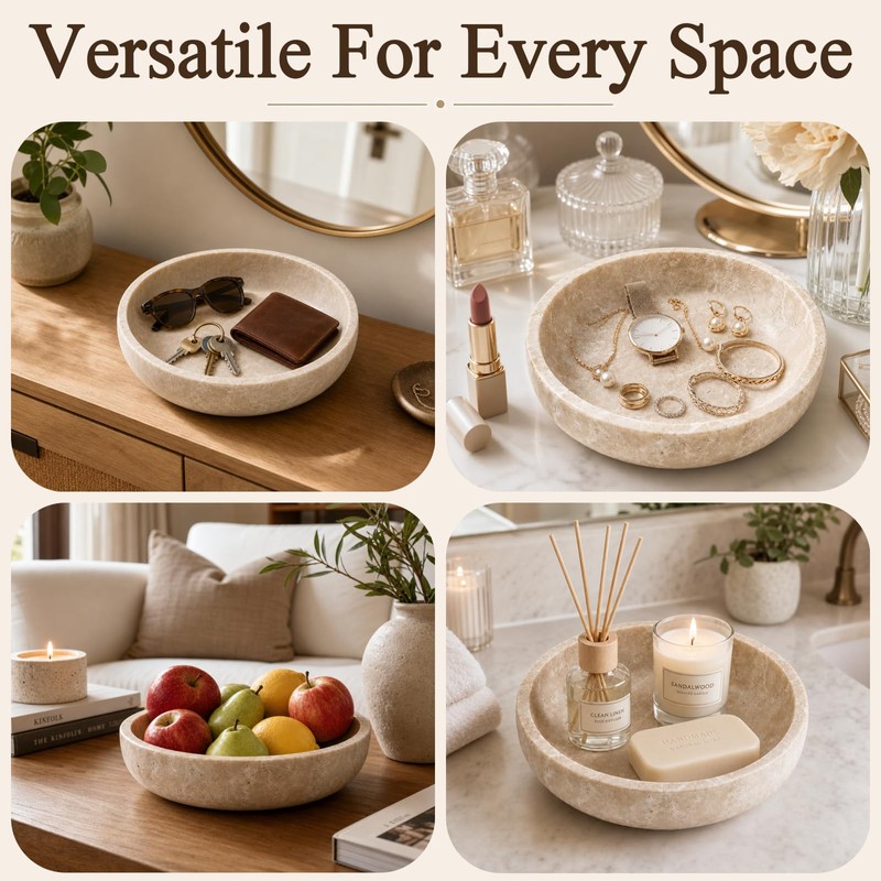 MALIHOO Travertine Decorative Bowl, 7.8 Inch Stone Catchall Bowl for
