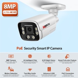 MWRCTV 8MP POE Security Camera 4K POE IP Bullet Camera 2.8mm110°Wide Angle Lens,AI Human/Vehicle Detection,2 Way Talk,Color Night Vision,Up to 512GB MicroSD Card,Full Metal Case,24/7 Recording(White)