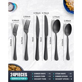 Joincook Matte Silverware Set with Steak Knives,Stainless Steel Flatware Set,Cutlery Set Service for 6, Tableware Kitchen Utensil Set,Dishwasher Safe (Matte Black, 24 Pieces)