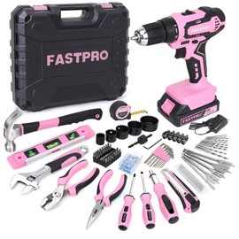FASTPRO 177-Piece 20V Pink Cordless Lithium-ion Drill Driver and Home Tool Set, Lady's Home Repairing Tool Kit with Drill in Storage Case