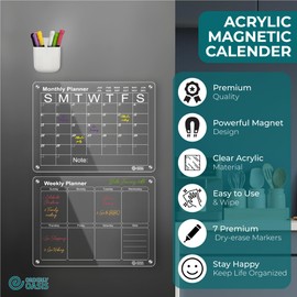 Orderly Oasis 16"x12" Acrylic Magnetic Monthly and Weekly Calendar Set for Refrigerator. Includes 7 Premium Dry Erase Markers with 7 Colors, Magnetic Marker Holder, Magnetic Eraser, Wiping Cloth with Magnetic Hook
