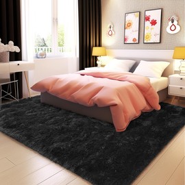 Awaytail Fluffy Rug Lightweight 4x6 Feet, Black Floor Rugs for Bedroom, Non-Skid Nursery Furry Rugs for Kids Room Nursery