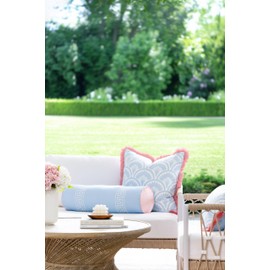 Hofdeco Premium Coastal Grandmillennial Patio Indoor Outdoor Bolster Pillow Cover Only, 8"x24" Water Repellent for Backyard, Couch, Poolside, Baby Blue Pink Embroidered Greek Key