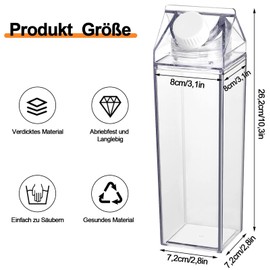 Pack of 2 Milk Carton Water Bottle, 1000 ml Clear Water Bottle, Square Milk Bottle, Transparent Milk Carton, Juice Container Bottle, Reusable, for Picnics, Camping