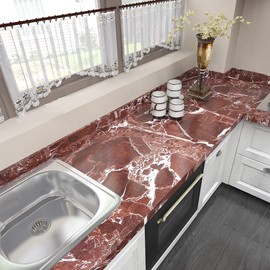Burgeliy Self Adhesive Film15.8×196in Vinyl Wrap Protector Auto Modification Film red Marble Shiny for Bathroom，Kitchen Countertops Table Desk Furniture Peel and Stick Waterproof Wallpaper Easy Clean