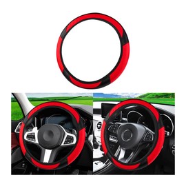 JNNJ Car Steering Wheel Cover, Microfibre Leather Steering Wheel Cover, Sport Non-Slip Universal Steering Wheel Cover, Steering Wheel Cover, Genuine Leather, Breathable, Anti Slip (Black + Red)