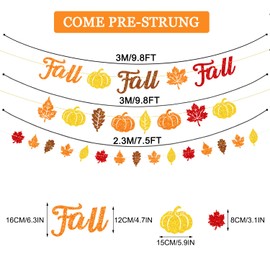 JKQ Glitter Fall Fall Fall Banner and Maple Leaves Pumpkin Banner Colorful Glittery Autumn Garland Thanksgiving Party Fireplace Mantle Decorations Indoor Outdoor Home Office Photo Booth Props