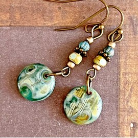 Bronze and Turquoise Czech Dangle Earrings. Jewelry Earrings for Women #3298FE744