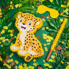 Small Leopard Pinata Cheetah Pinata Jungle Safari Party Decorations for Birthday Party Wild Animal Theme Party Supplies with Pinata Stick Blindfold Confetti Set for Kid and Adults