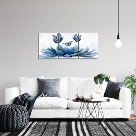 sechars Blue Flower Wall Art Bathroom Decor Lotus with Butterfly Painting Canvas Prints Modern Navy and White Decorations for Bedroom