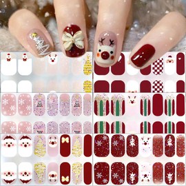 Glitter Christmas Gel Nail Polish Stickers Santa Claus Elk Nail Design Winter Gel Nail Stickers Christmas Trees Snowflake Full Wrap Gel Nail Strips French Christmas Stickers for Women Nail Supplies