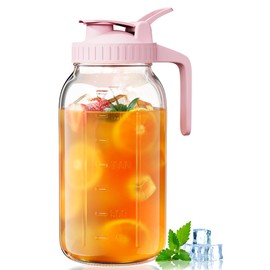 64 oz Glass Pitcher with Lid, Large Wide Mouth Mason Jar Pitcher with Pour Spout, Pink Sun Tea Glass Jar for Outside, Glass Water Pitcher Great for Drink, Cold Beverages and Breast Milk