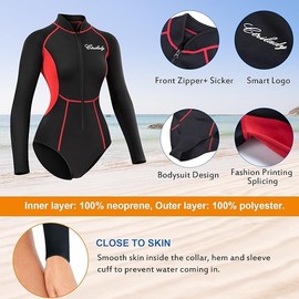 Women Neoprene Wetsuit, Shorty Wetsuit for Women, 1.5mm Long Sleeve Diving Suits with Front Zipper UV Protection for Swimming Diving Snorkeling (Red,Large)
