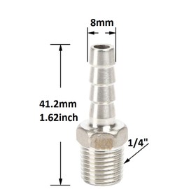 QiiMii Stainless Steel 304 Male Threaded Barb Hose Pipe Fitting Tail Connector with Thread Adaptor DFE Tail Pipe 1/4" x8MM， 5 Pack