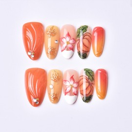 30Pcs Fall Press on Nails Medium Almond Fake Nails with Maple Leaf Design Pumpkin Glue on Nails Ombre Orange False Nails Press on Nails 5D Embossed Flower Nail for Women Girls Manicure