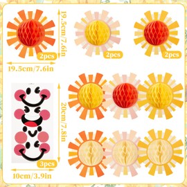 Paper Jazz First Trip Around The Sun Deorations,12pcs Sunshine Birthday Decorations,Boho Themed Party Decorations，Sun Birthday Party Hanging Pom Poms Honeycomb for Hippie Retro and Baby Shower.