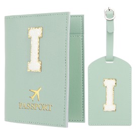 PATIKIL Passport Holder for Travel, Initial Passport Cover and Luggage Tag Set with Alphabet Chenille Letter Patch Travel Wallet Bag Suitcase Identifier for Women Family Travel Green I