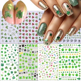 8Pcs St. Patrick's Day Nail Art Stickers Green Shamrock 3D Self-Adhesive Nail Decals Four Leaf Clover Nail Supplies Lucky of Irish Spring Design Nail Design for DIY Saint Patrick's Day Nail Decor