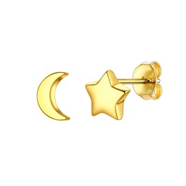 ChicSilver Women Moon Star Earrings Hypoallergenic 18K Gold Plated Stud Earrings for Women Novelty Asymmetrical Studs for Sensitive Ears Valentines Day Gifts