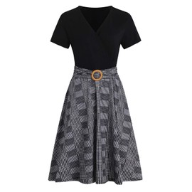 Women's Elegant Criss-Cross V Neck Vintage Short Sleeve Work Casual Fit and Flare Tea Dress with Pockets 980 (S, Black Plaid)