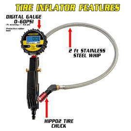 Power Tank HD Tire Inflator Gauge - 60 psi Back-lit Digital - Push-to-Lock Chuck, 2 ft Hose, Ventoso Body