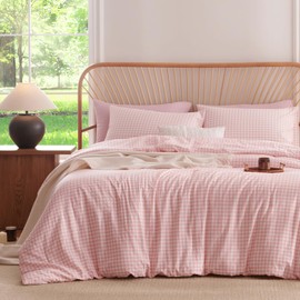 Nayoroom Gingham Comforter Set King Size Pink Plaid Checkered Comforter 3 Pieces Soft Lightweight Grid Dorm Bedding Set for All Seasons (1 Comforter, 2 Pillowcases)